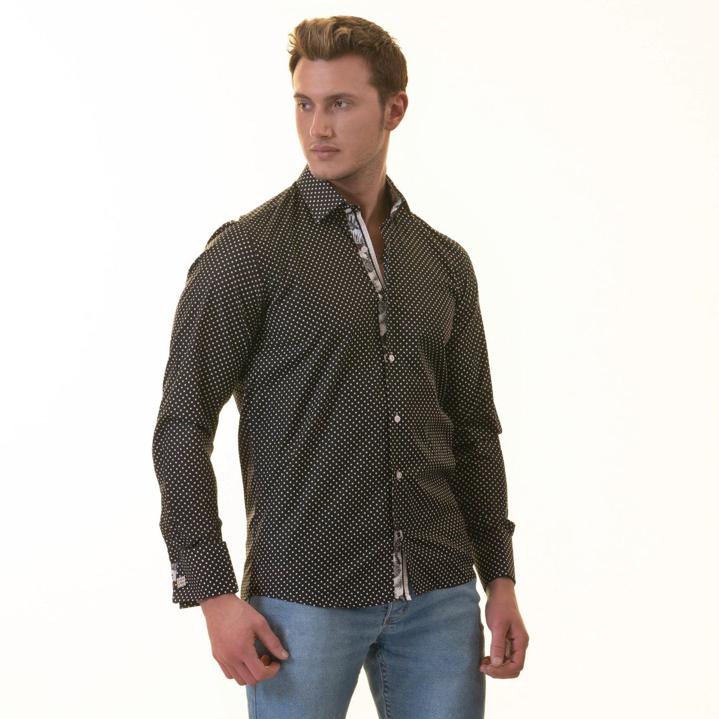 White Black Polka Dot inside Tropical Mens Slim Fit Designer French