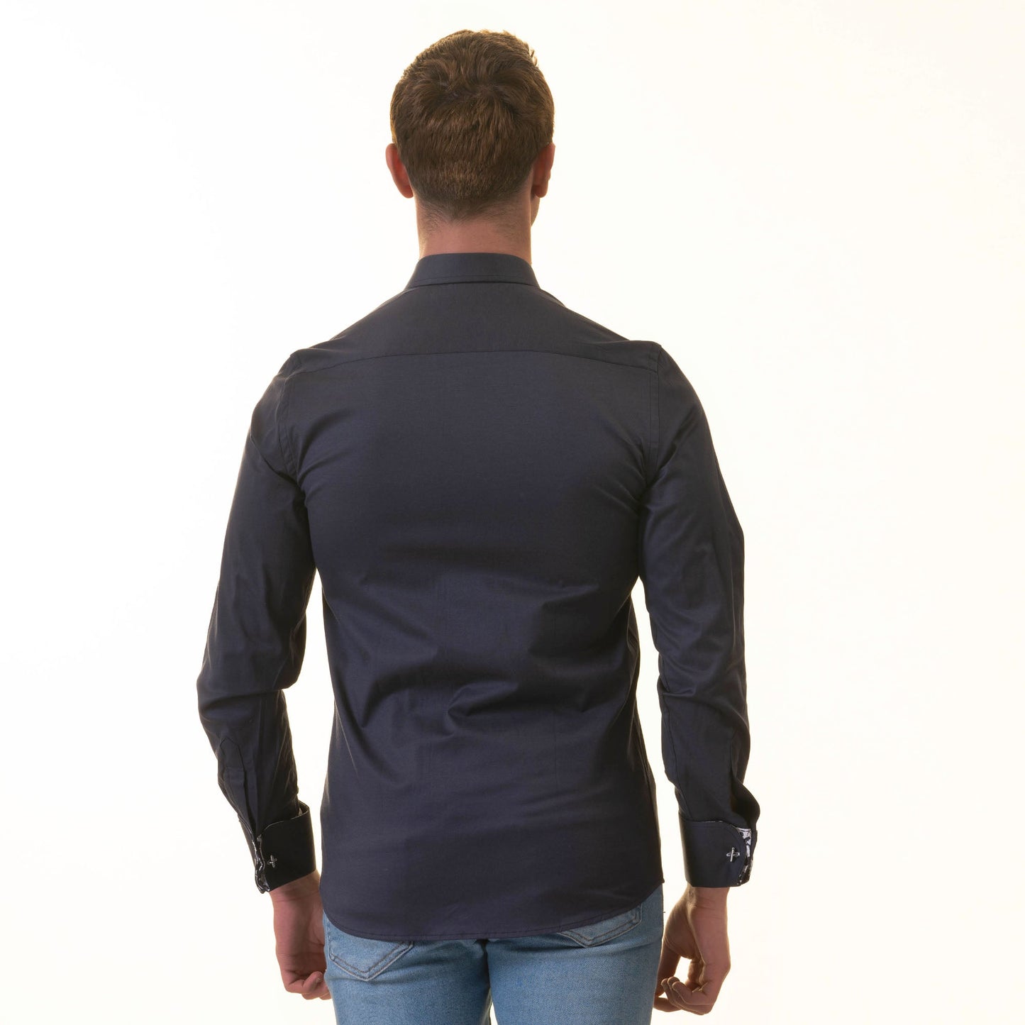 Navy inside Floral Mens Slim Fit Designer French Cuff Shirt - tailored