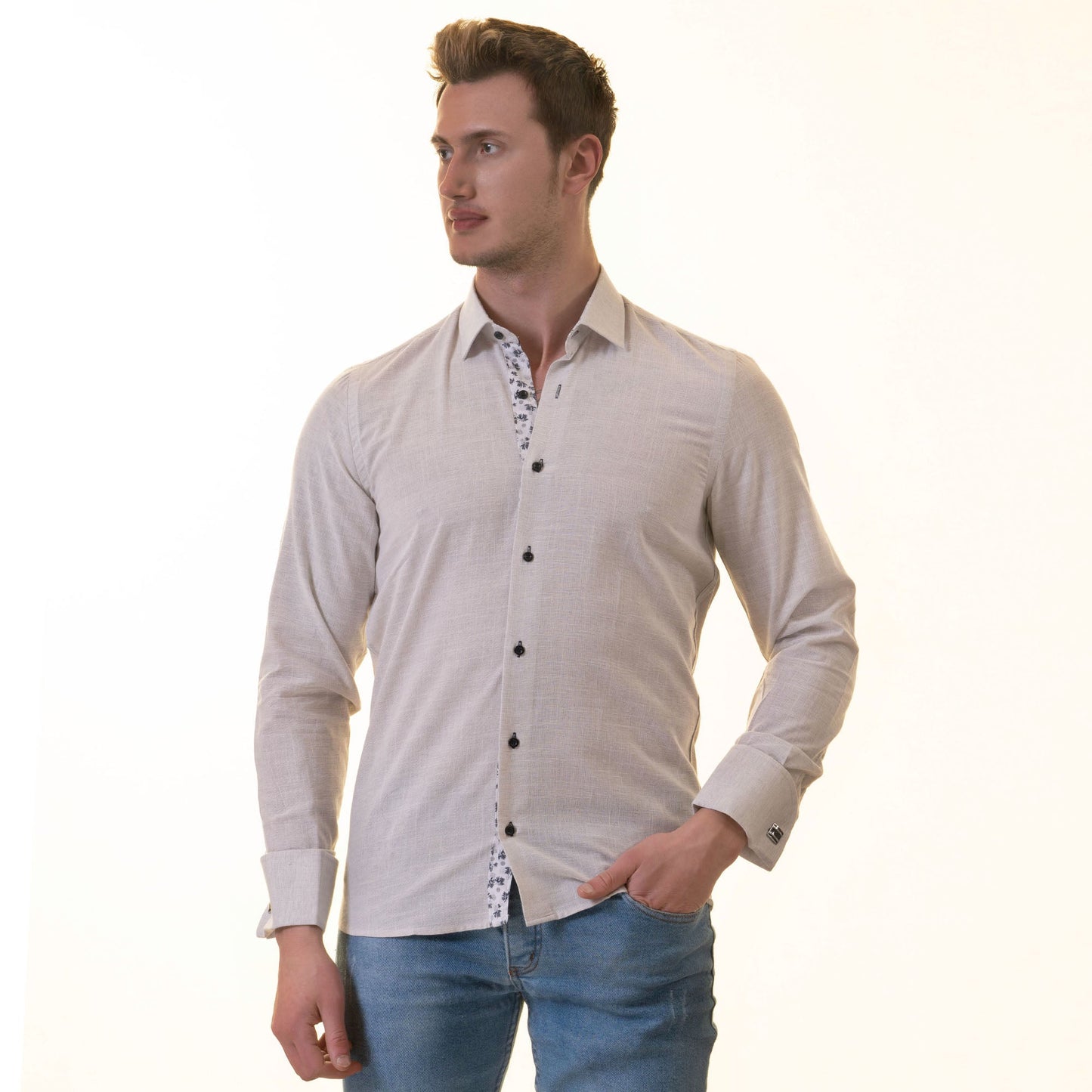 Gray inside Black Floral Mens Slim Fit Designer French Cuff Shirt -