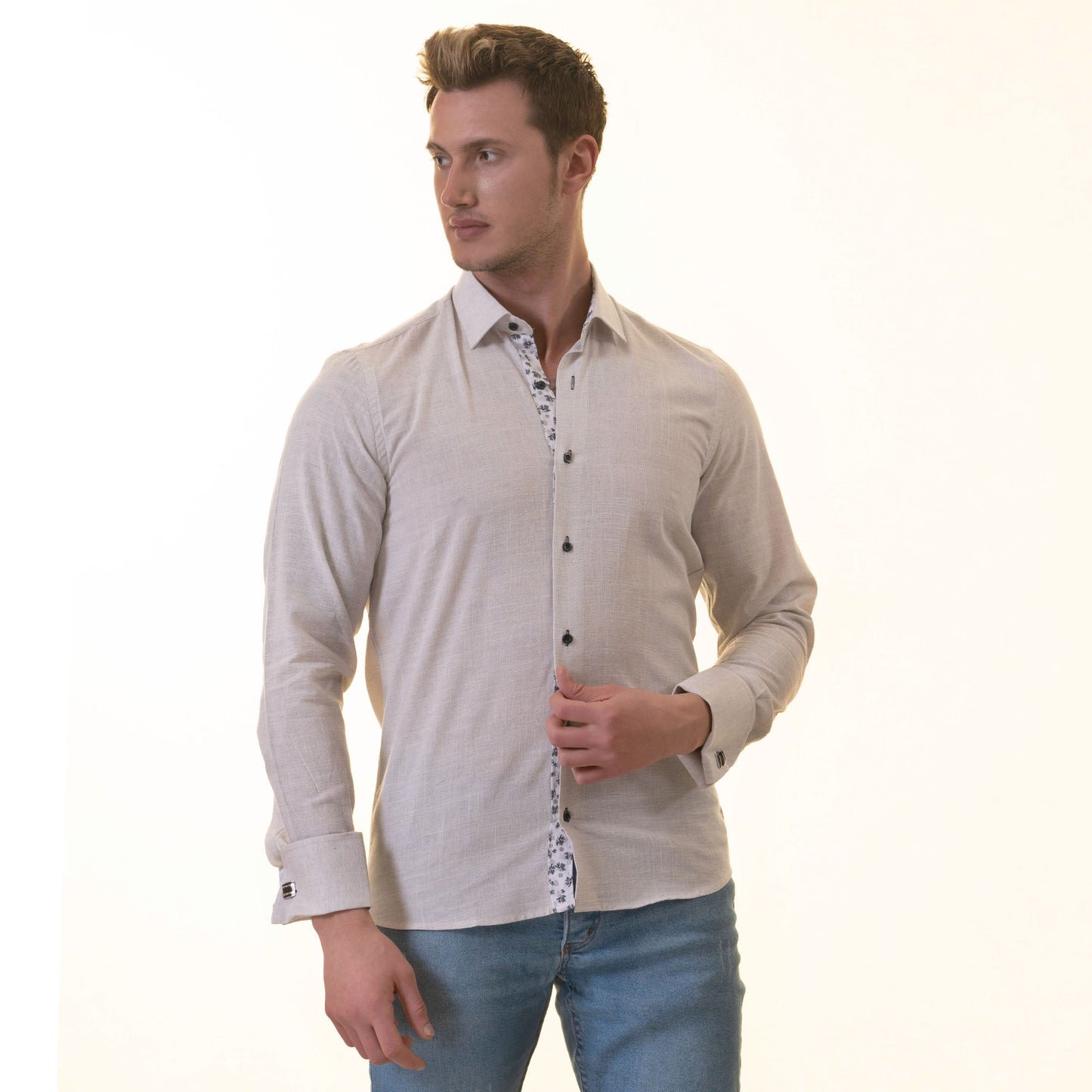 Gray inside Black Floral Mens Slim Fit Designer French Cuff Shirt -