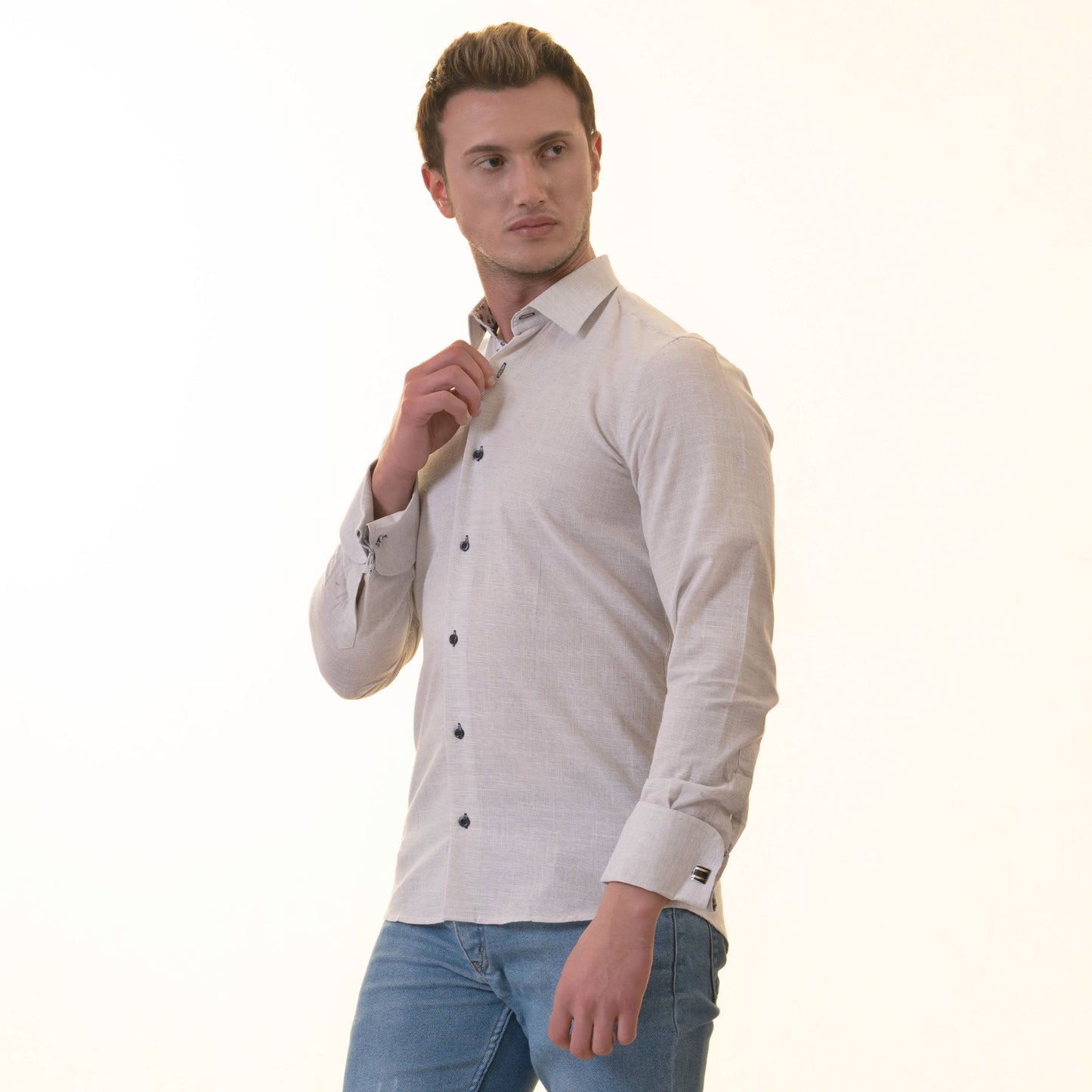 Gray inside Black Floral Mens Slim Fit Designer French Cuff Shirt -