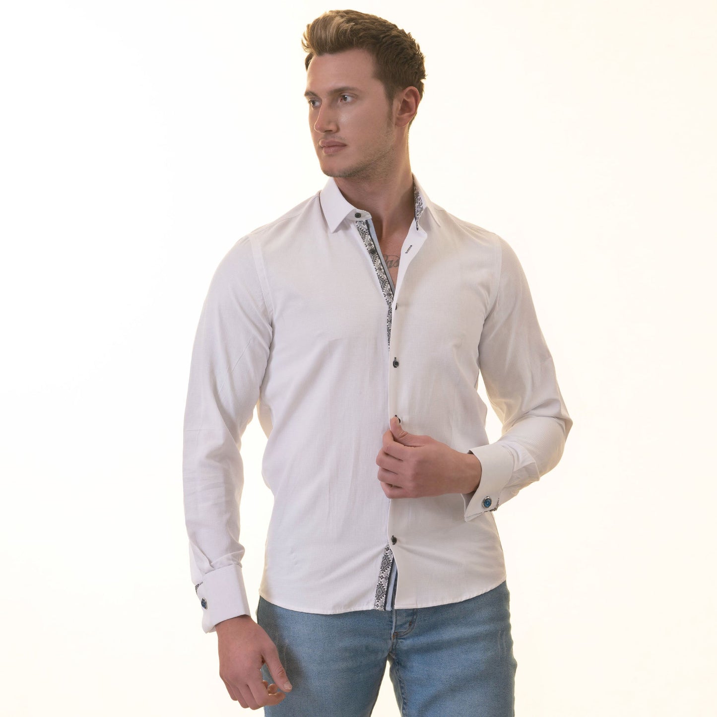 White inside Black Printed Double Cuff Shirt Mens Slim Fit Designer