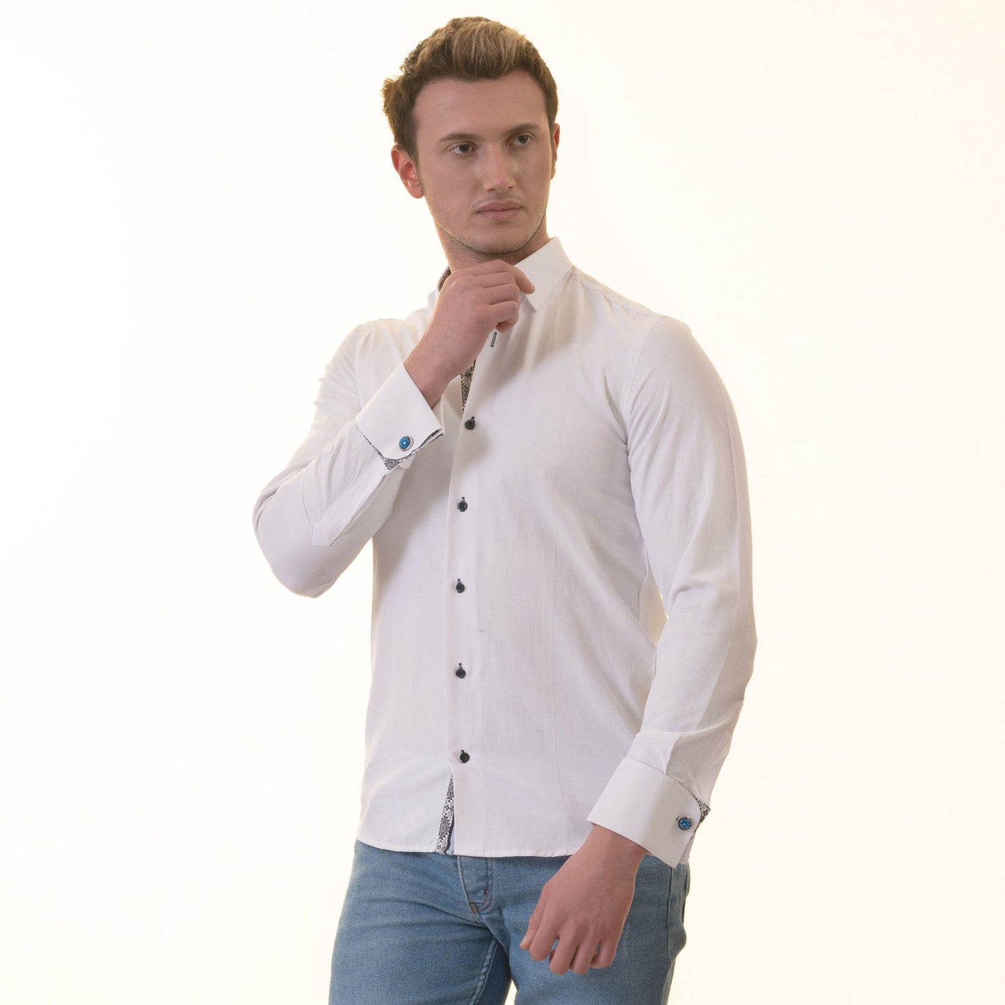 White inside Black Printed Double Cuff Shirt Mens Slim Fit Designer