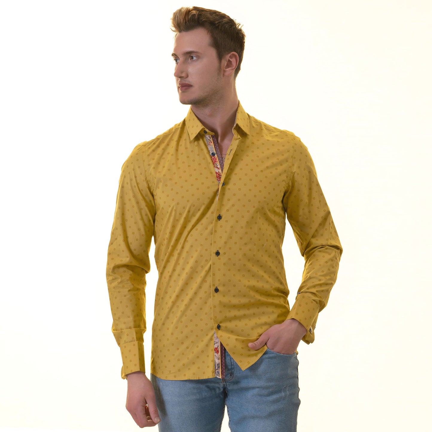 Mustard Printed inside Paisley Mens Slim Fit Designer French Cuff