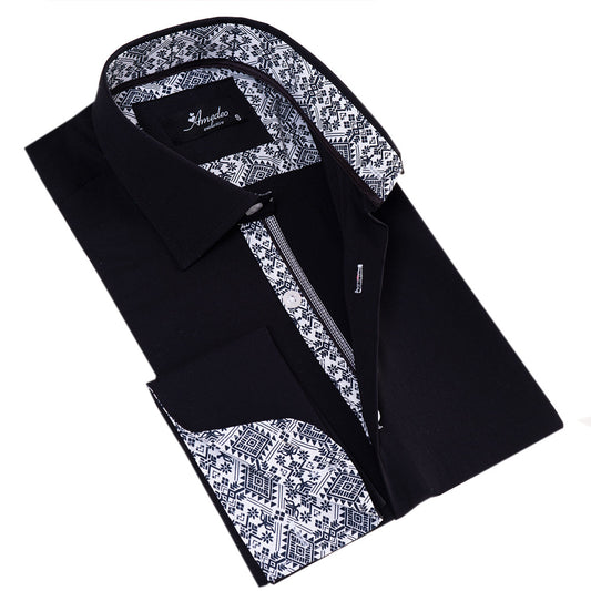 Black inside White Printed Double Cuff Shirt Mens Slim Fit Designer