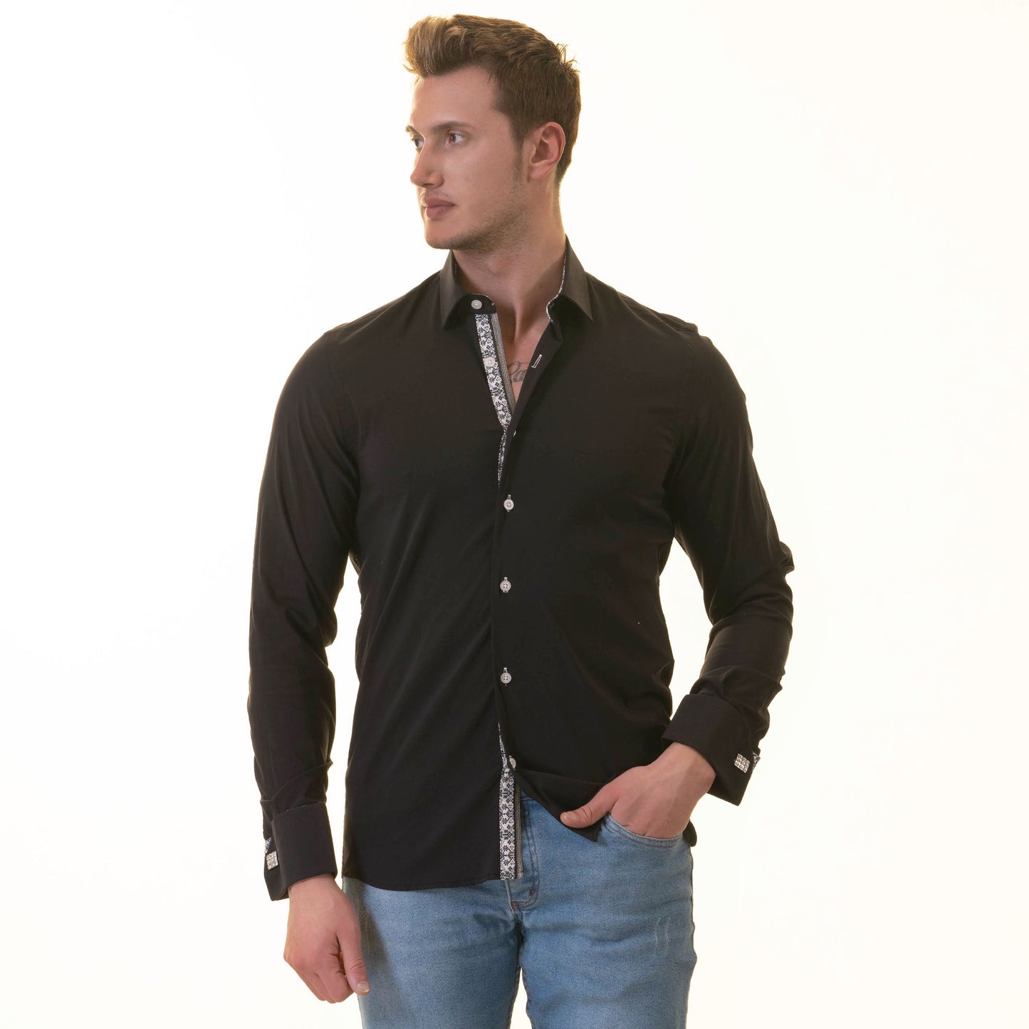 Black inside White Printed Double Cuff Shirt Mens Slim Fit Designer
