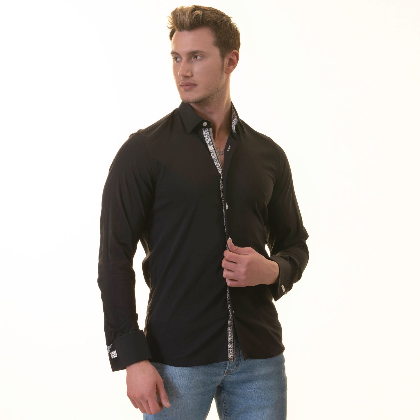 Black inside White Printed Double Cuff Shirt Mens Slim Fit Designer