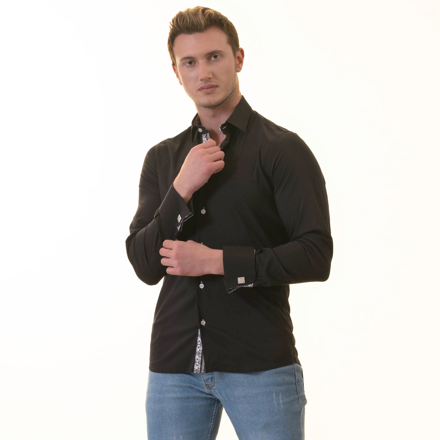 Black inside White Printed Double Cuff Shirt Mens Slim Fit Designer