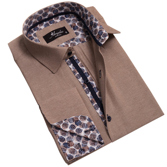 Brown White Mens Slim Fit French Cuff Shirts with Cufflink Holes -