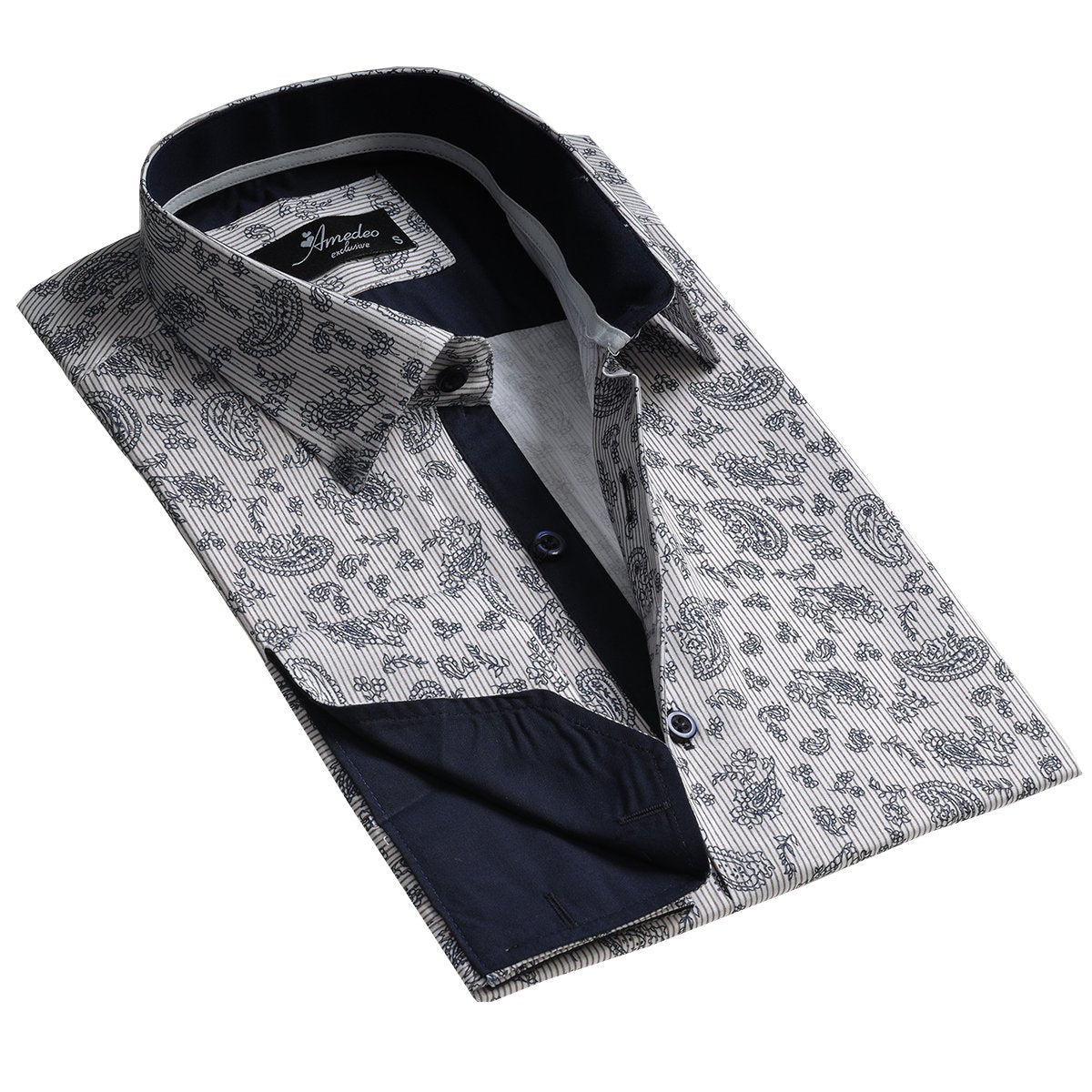 Light Grey Floral Mens Slim Fit French Cuff Shirts with Cufflink Holes