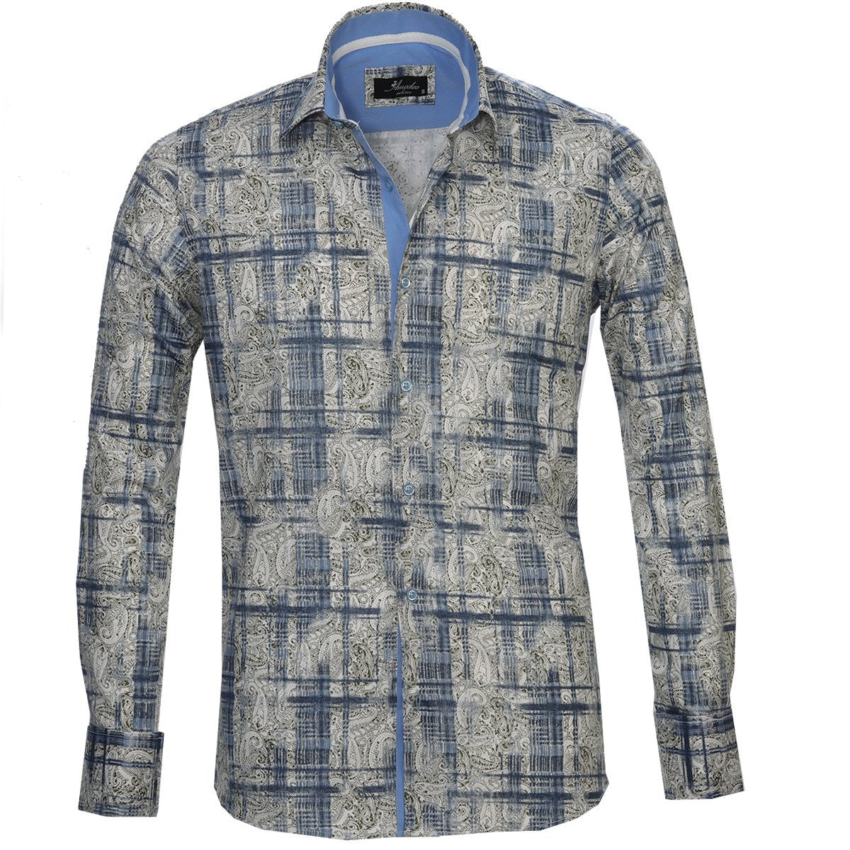 Beige Blue Paisley Mens Slim Fit Designer French Cuff Shirt - tailored
