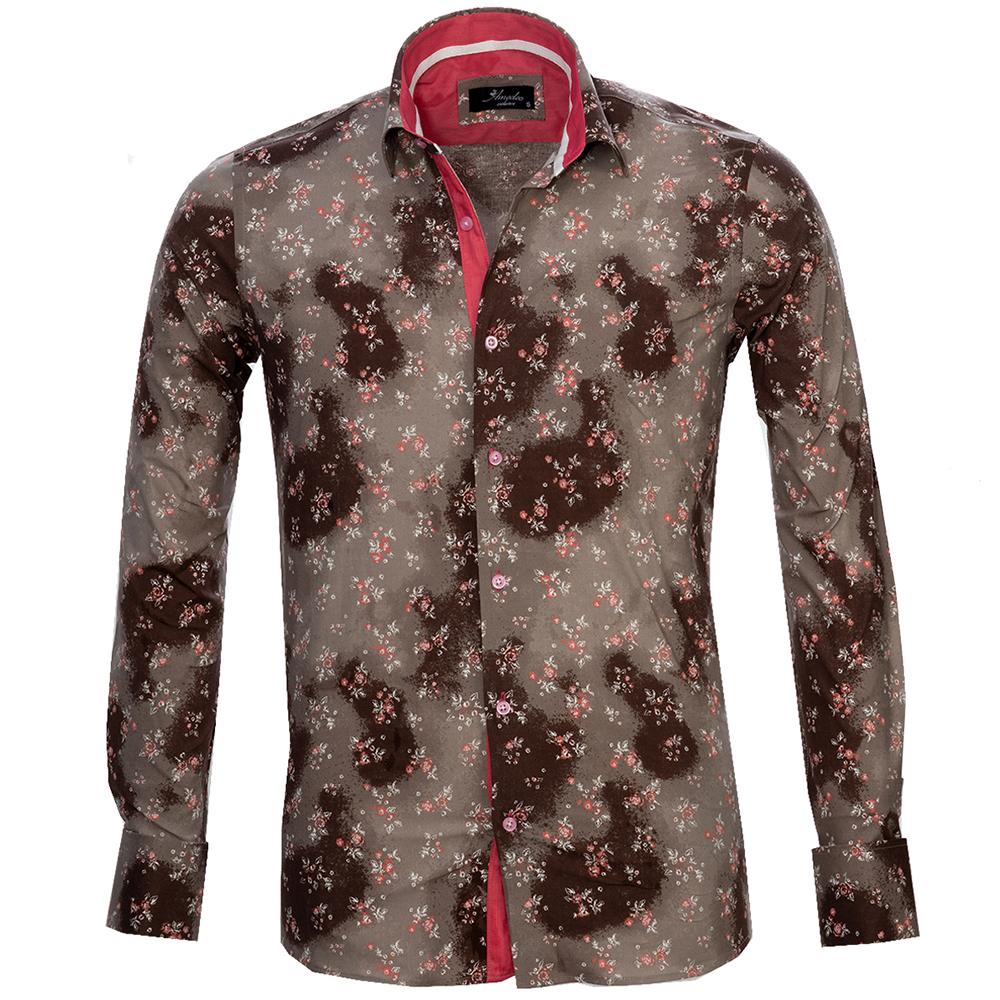 Brown Floral Sheen Mens Slim Fit French Cuff Shirts with Cufflink
