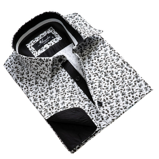 Dark Grey Floral Mens Slim Fit French Cuff Shirts with Cufflink Holes