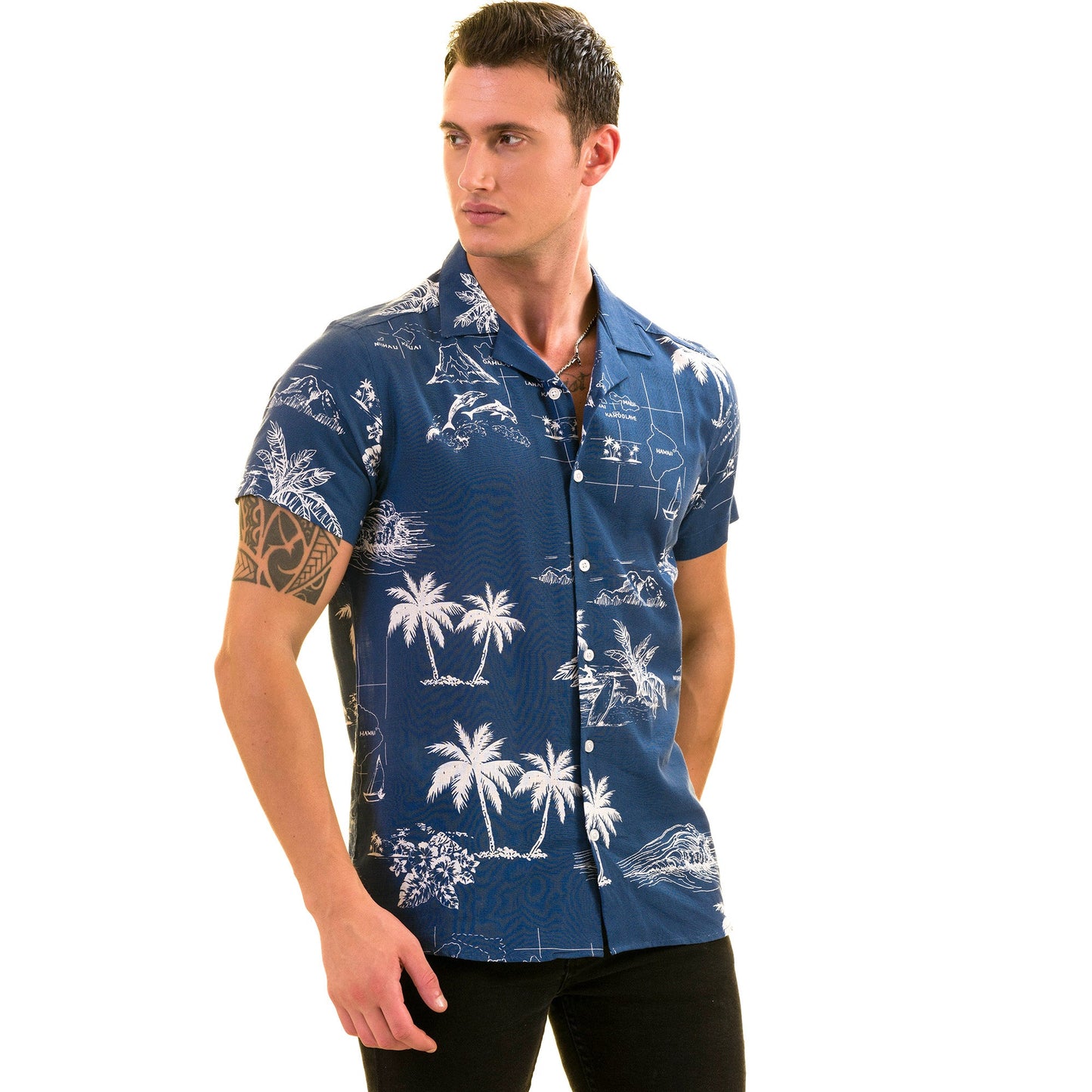 Blue Printed on White European Made & Designed Hawaiian Summer Shirts