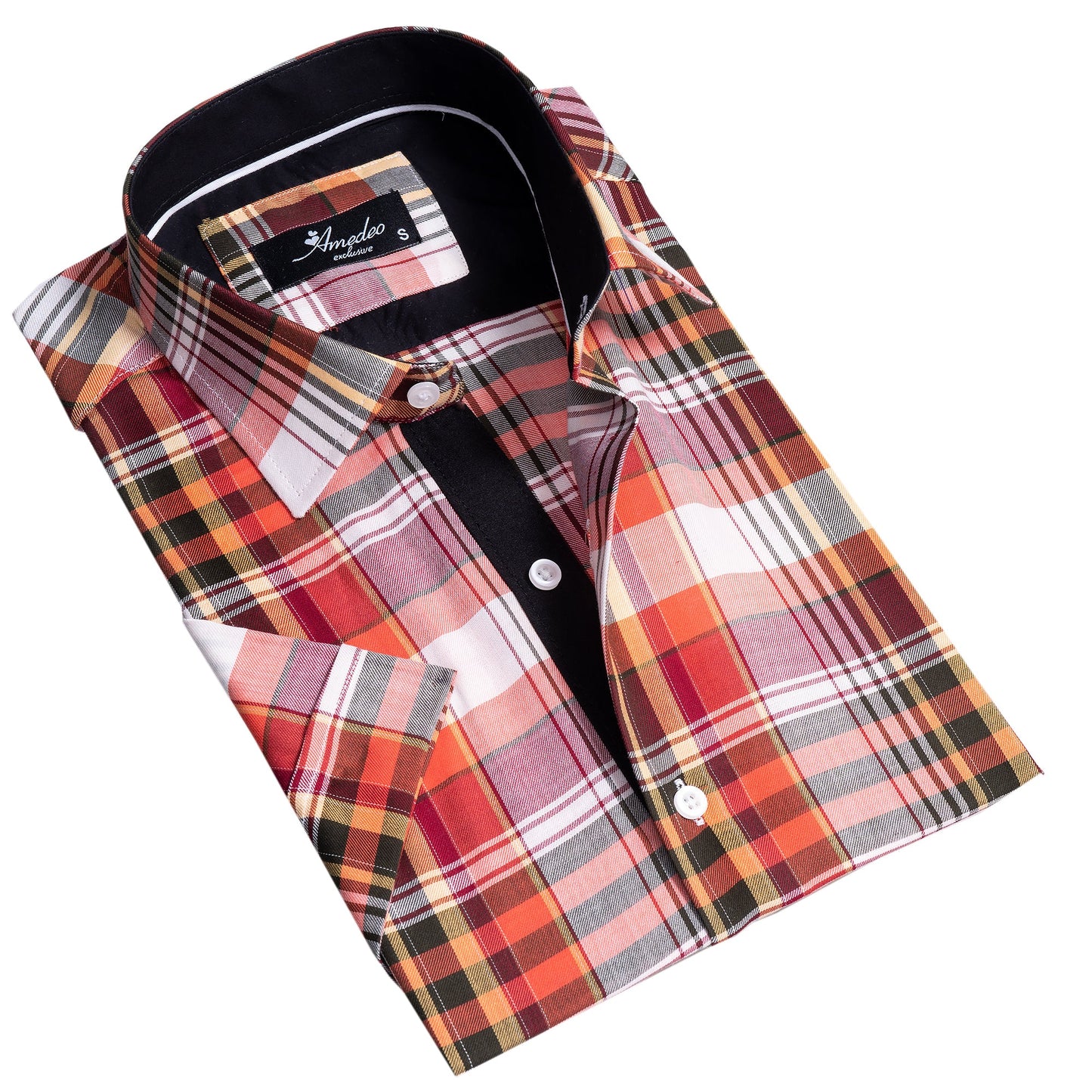 Red Plaid Nova Check Mens Short Sleeve Button up Shirts - Tailored