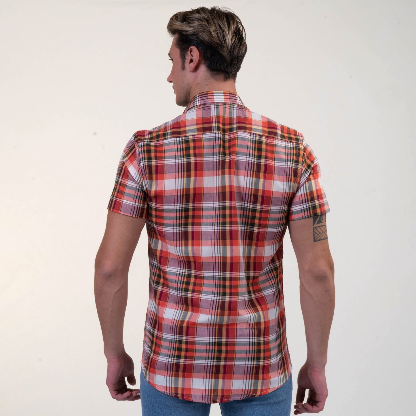 Red Plaid Nova Check Mens Short Sleeve Button up Shirts - Tailored