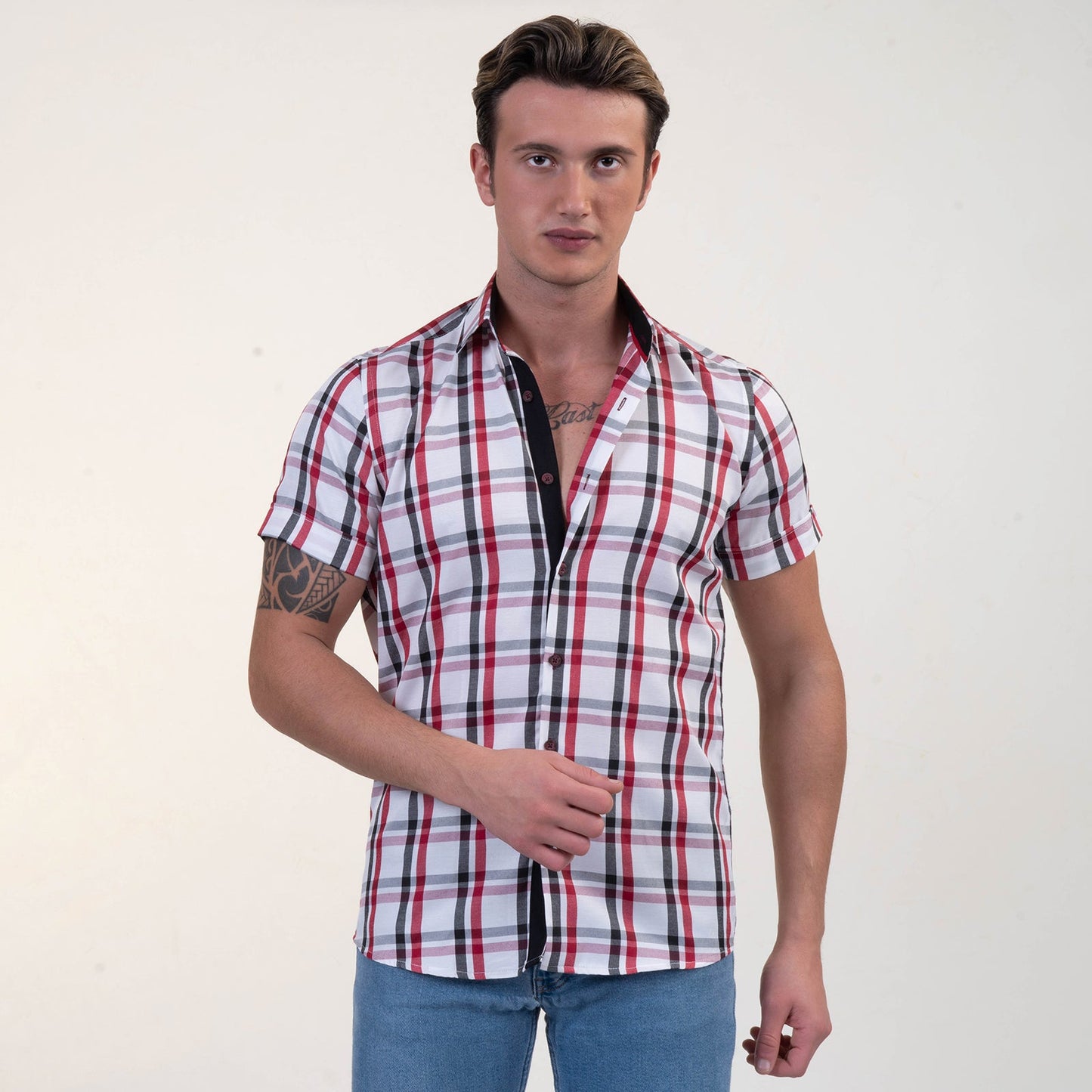 Red Black White Checkered Mens Short Sleeve Button up Shirts -
