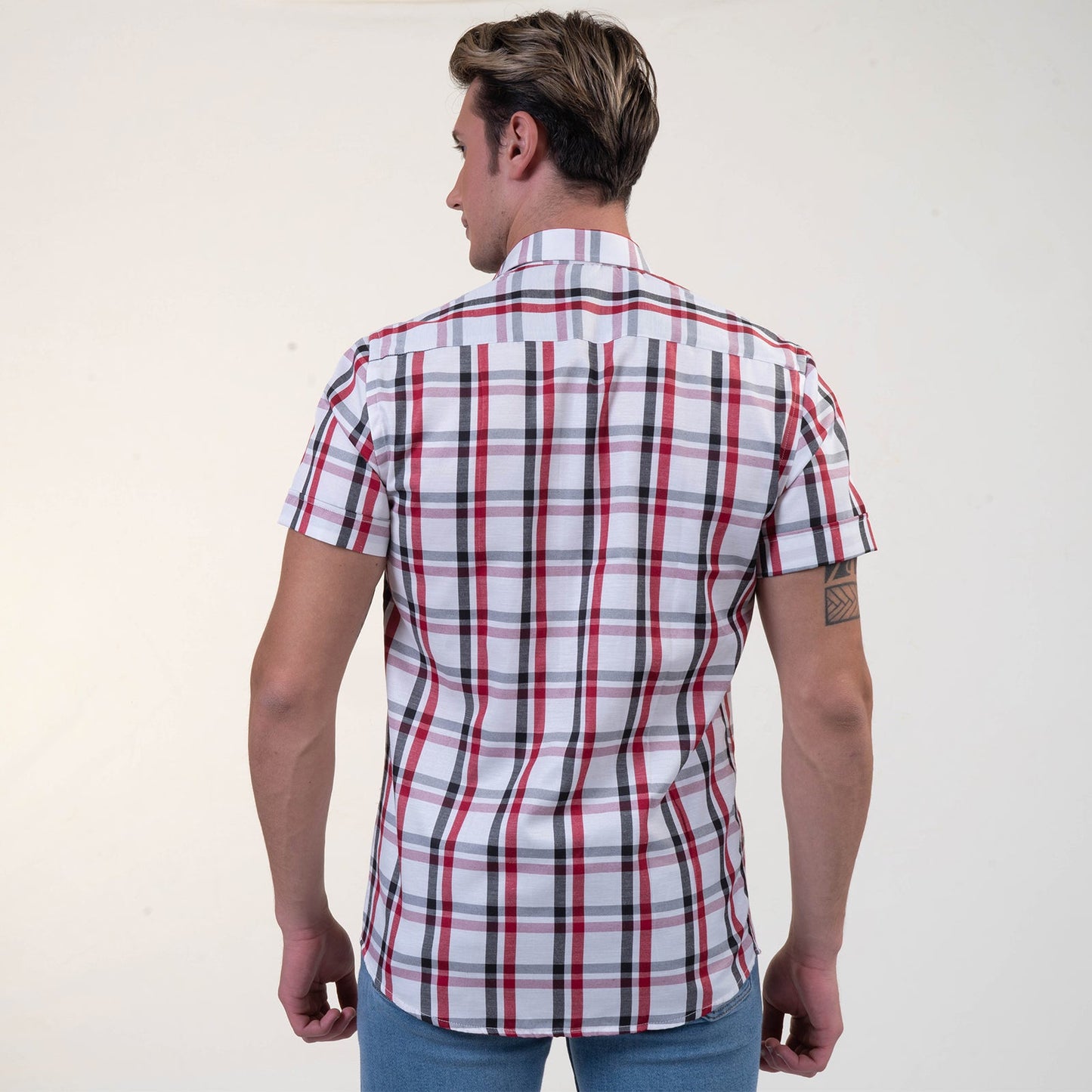 Red Black White Checkered Mens Short Sleeve Button up Shirts -