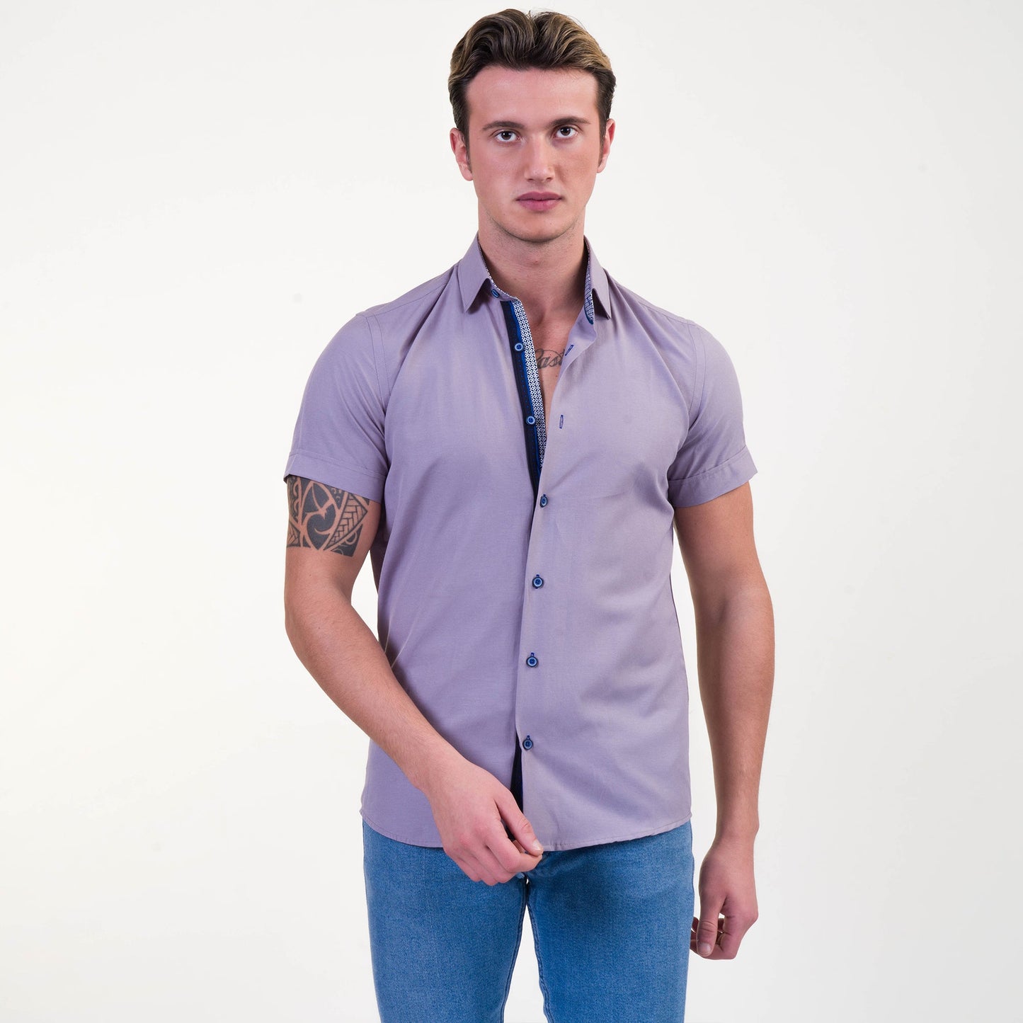 Grayish Blue Mens Short Sleeve Button up Shirts - Tailored Slim Fit