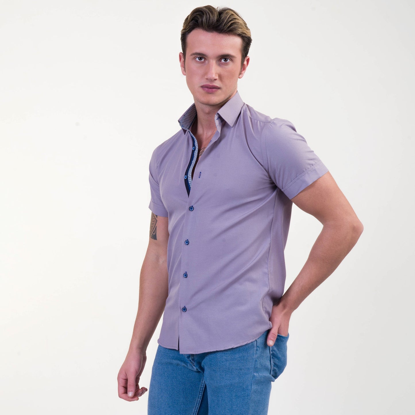 Grayish Blue Mens Short Sleeve Button up Shirts - Tailored Slim Fit