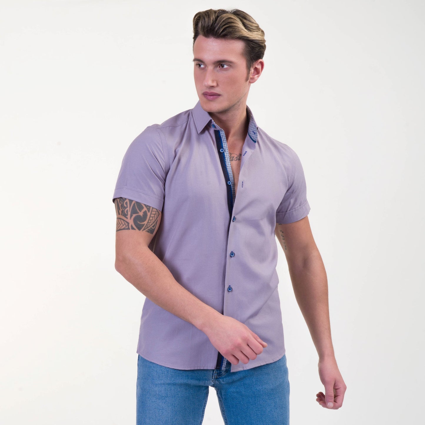 Grayish Blue Mens Short Sleeve Button up Shirts - Tailored Slim Fit