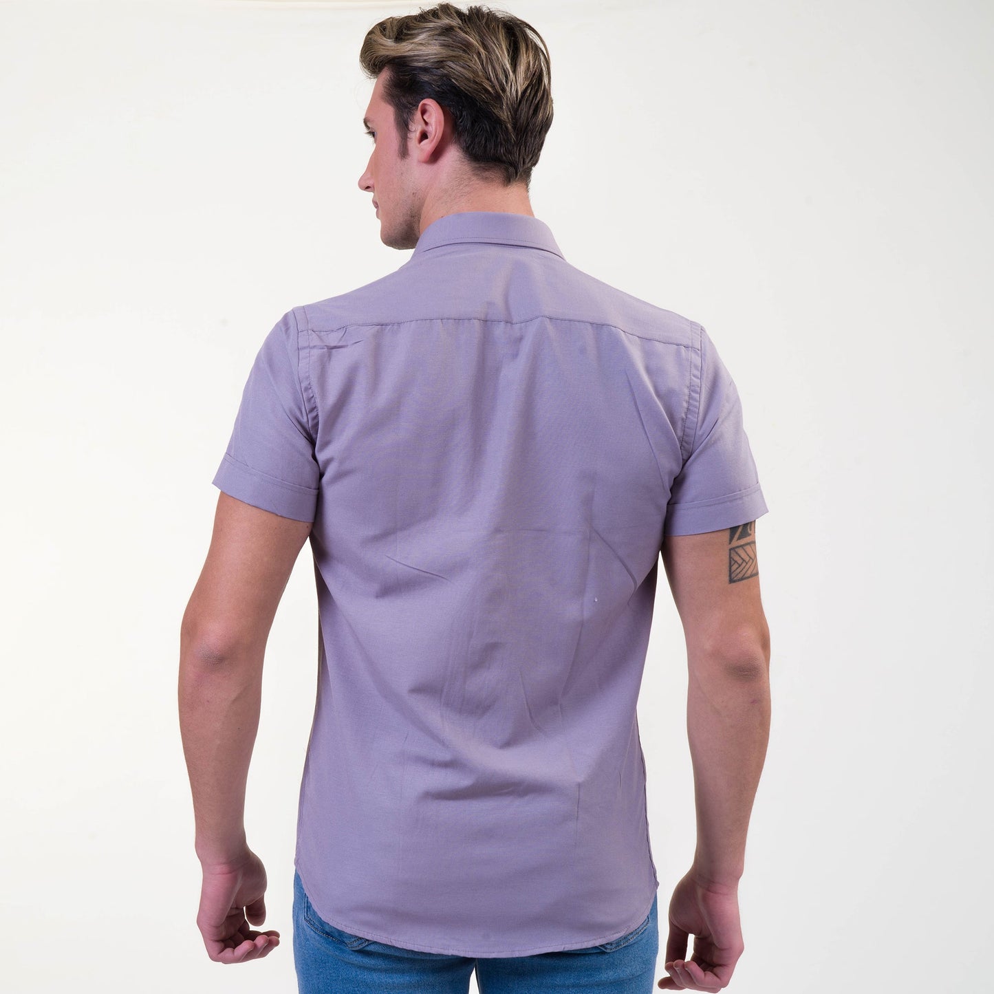 Grayish Blue Mens Short Sleeve Button up Shirts - Tailored Slim Fit