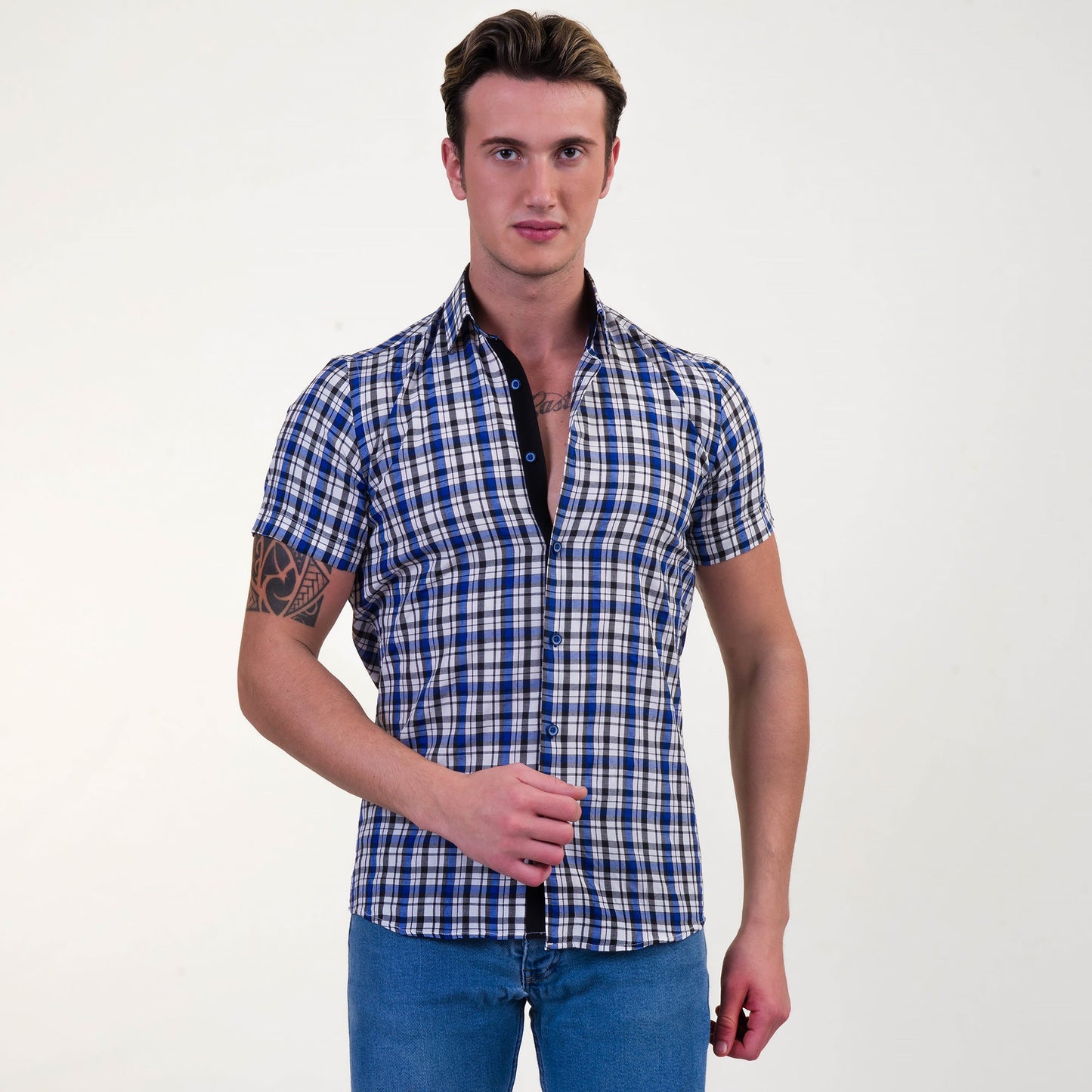 Blue & White Checkered Mens Short Sleeve Button up Shirts - Tailored