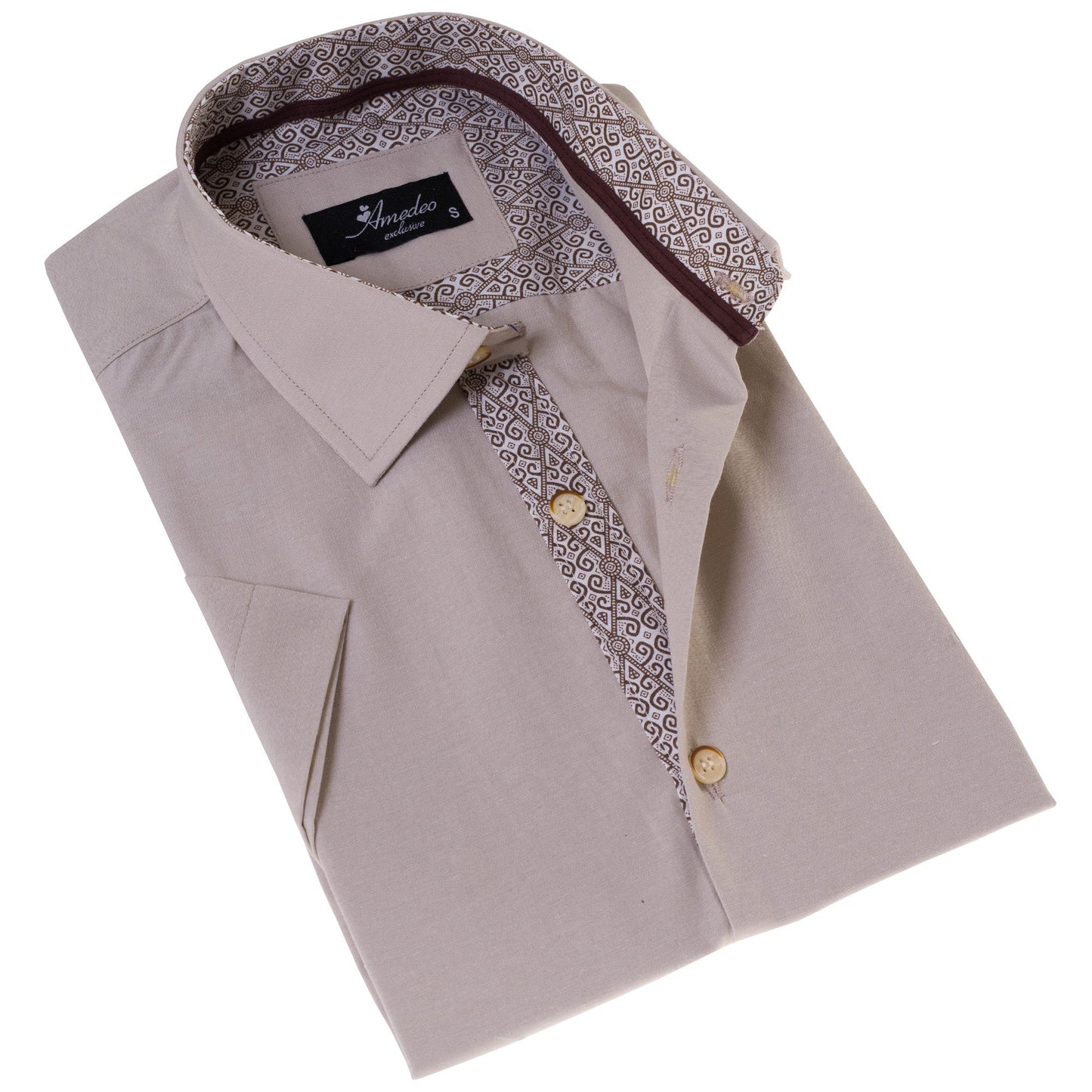Beige inside different Paisley  Short Sleeve Button up Shirts -