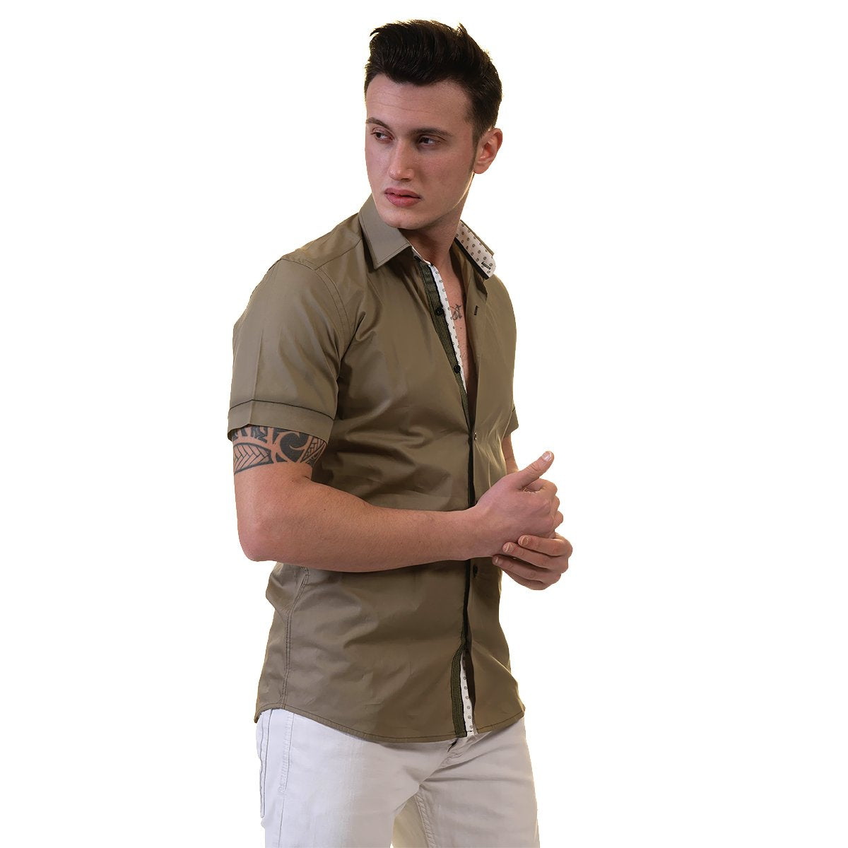 Green Mens Short Sleeve Button up Shirts - Tailored Slim Fit Cotton
