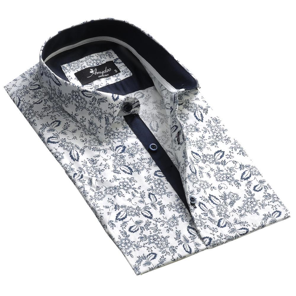 White Navy Blue Floral Mens Short Sleeve Button up Shirts - Tailored