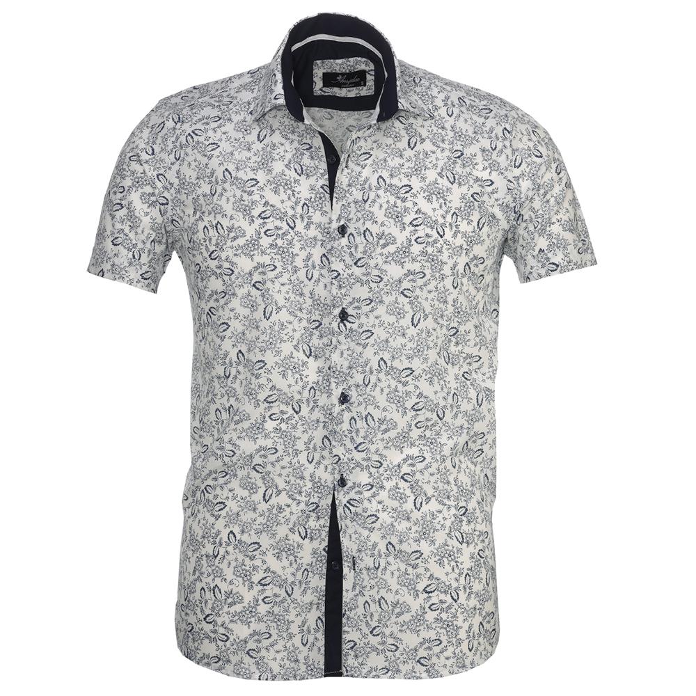White Navy Blue Floral Mens Short Sleeve Button up Shirts - Tailored