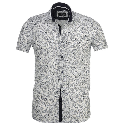 White Navy Blue Floral Mens Short Sleeve Button up Shirts - Tailored
