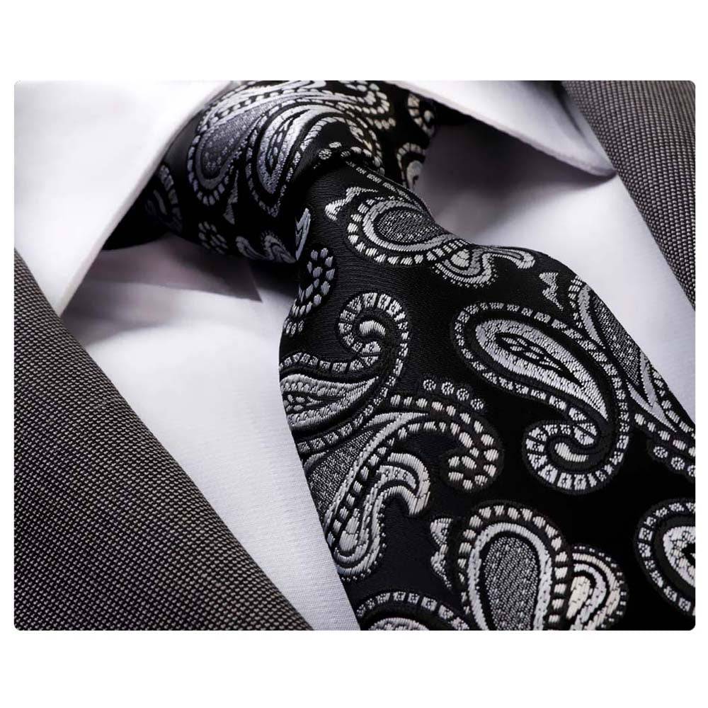 Men's jacquard Black Silver Paisley Premium Neck Tie With Gift Box