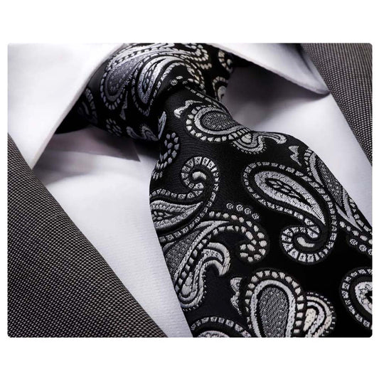 Men's jacquard Black Silver Paisley Premium Neck Tie With Gift Box