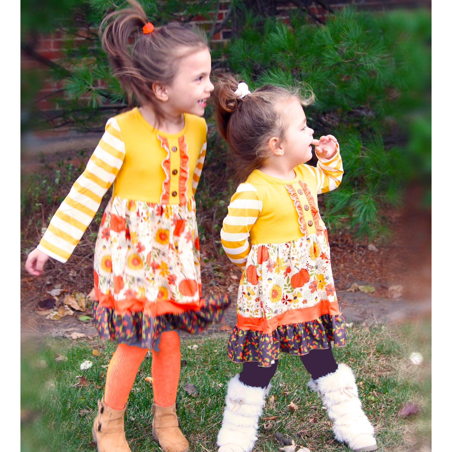 Toddler Girls Autumn Pumpkin Floral Cotton Knit Fall Long Sleeve Dress