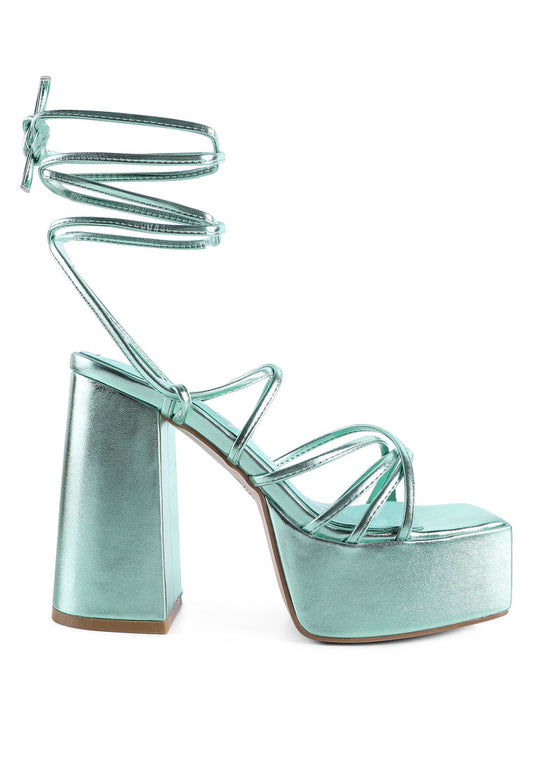 Anvil Metallic Block Heeled Lace Up Sandals