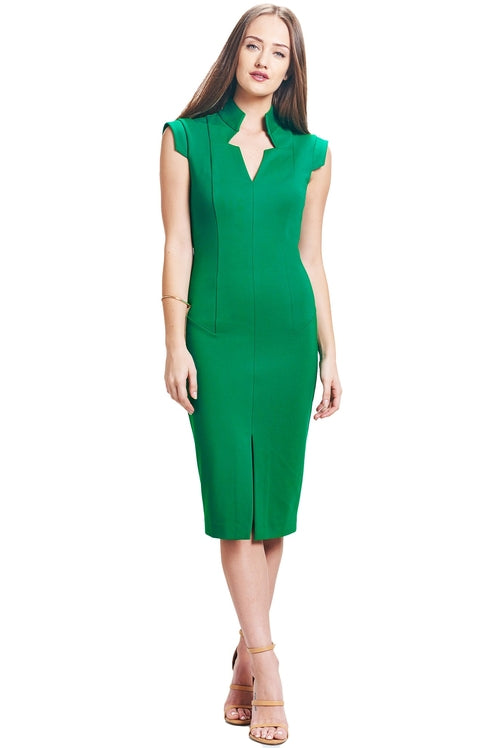 Adeline Sheath -  Notch neck sheath with high collar, front slit skirt