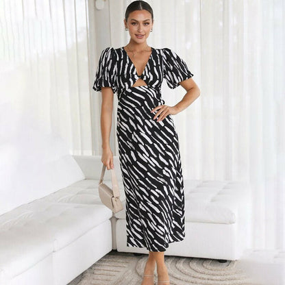 Elegant V-Neck Stripe Print Midi Dress with Puff Sleeves