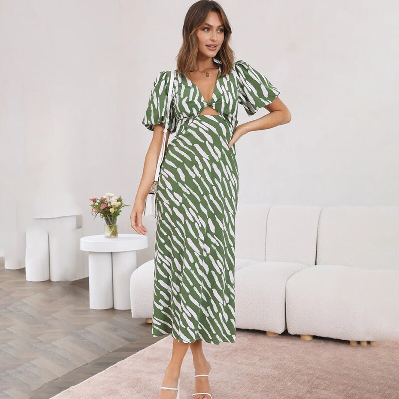 Elegant V-Neck Stripe Print Midi Dress with Puff Sleeves