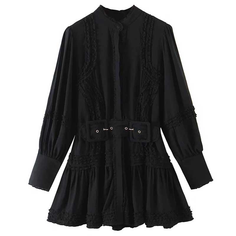 Long Sleeve Black Dress Ruffled Belted Mini Elegant Dress
