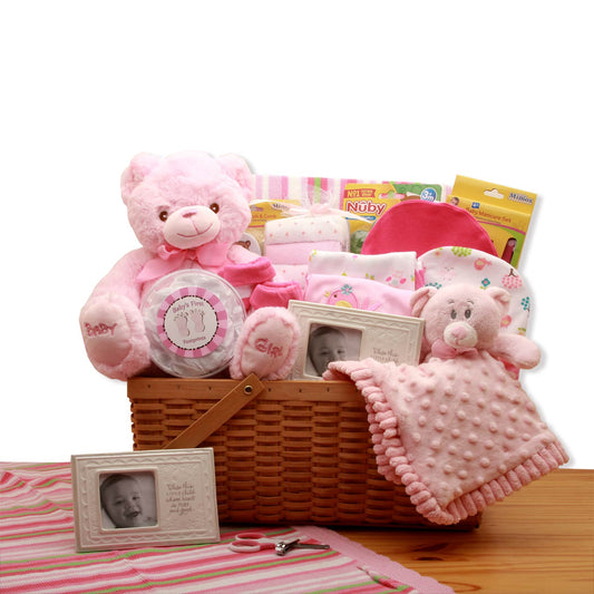 My First Teddy Bear New Baby Gift Basket - Pink-  baby girl gifts -