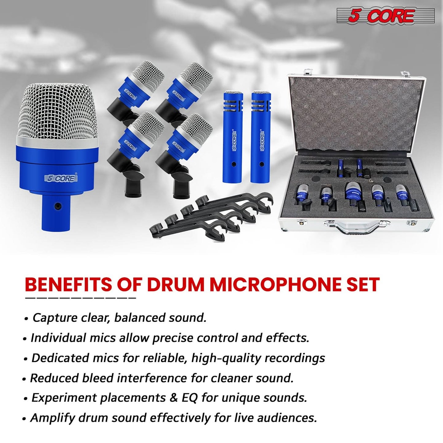 5Core Drum Mic Kit 7 Pcs Kick BassTom Snare Dynamic Microphone