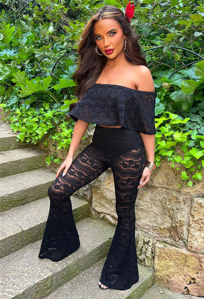 Black Lace Sheer Off Shoulder Ruffles Crop Top and Flare Pants Outfits - Walbiz.com