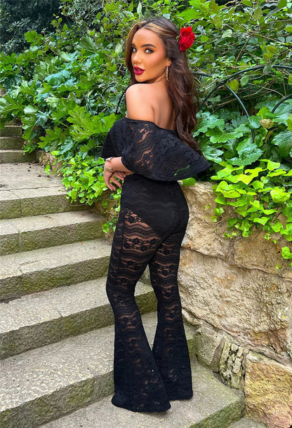 Black Lace Sheer Off Shoulder Ruffles Crop Top and Flare Pants Outfits - Walbiz.com