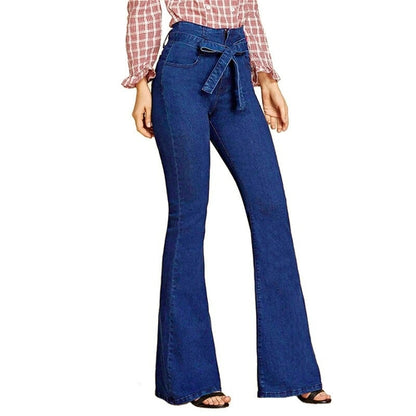 Blue Tie Waist Flare Jeans Women Slim Denim Trousers - Walbiz.com
