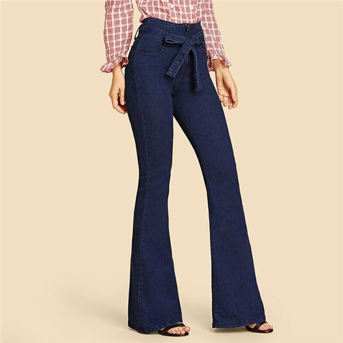 Blue Tie Waist Flare Jeans Women Slim Denim Trousers - Walbiz.com