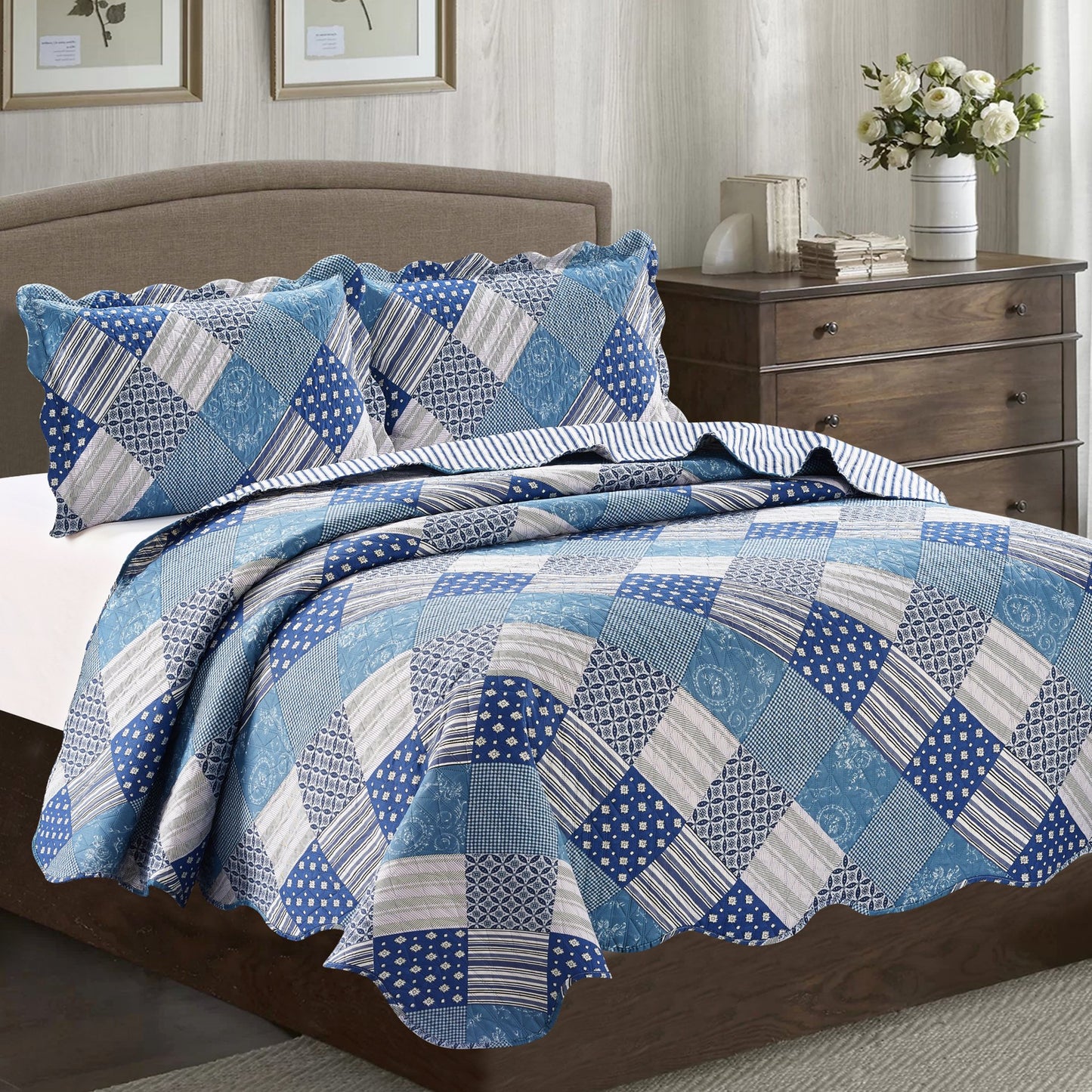 Jennifer 3 Piece Quilt Set - Blue