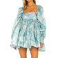 Retro Blue Print Organza Ball Gown Dress Puff Sleeve Mini Dress