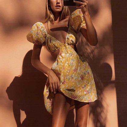 Yellow Floral Embroidered Mini Summer Dress - Walbiz.com