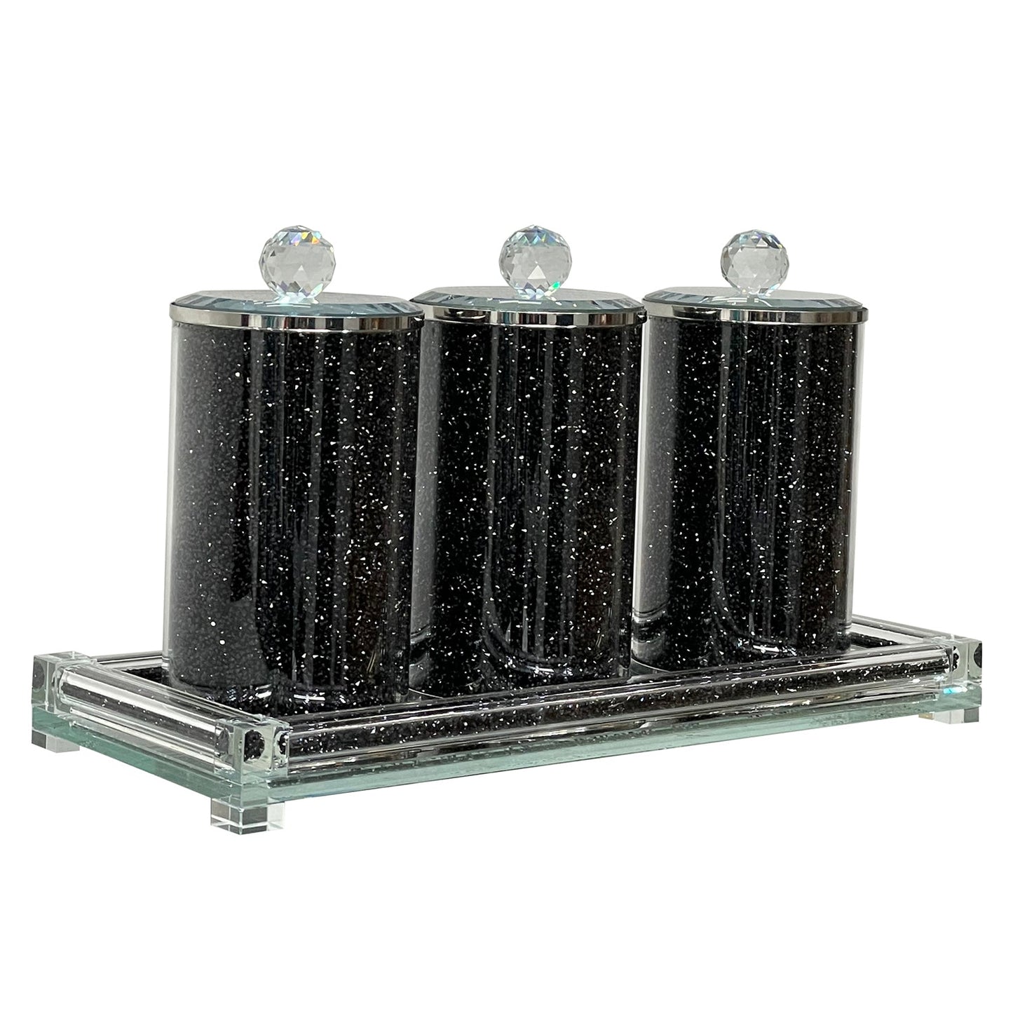 Three Glass Canister Set on a Tray, Black Crushed Diamond Glass